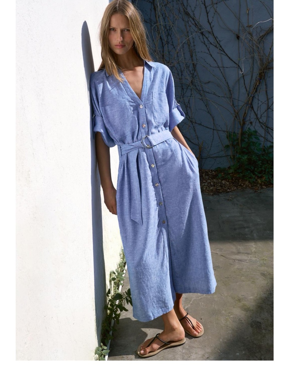 ZARA Light Blue Belted Button Down Front Linen Blend Midi Dress